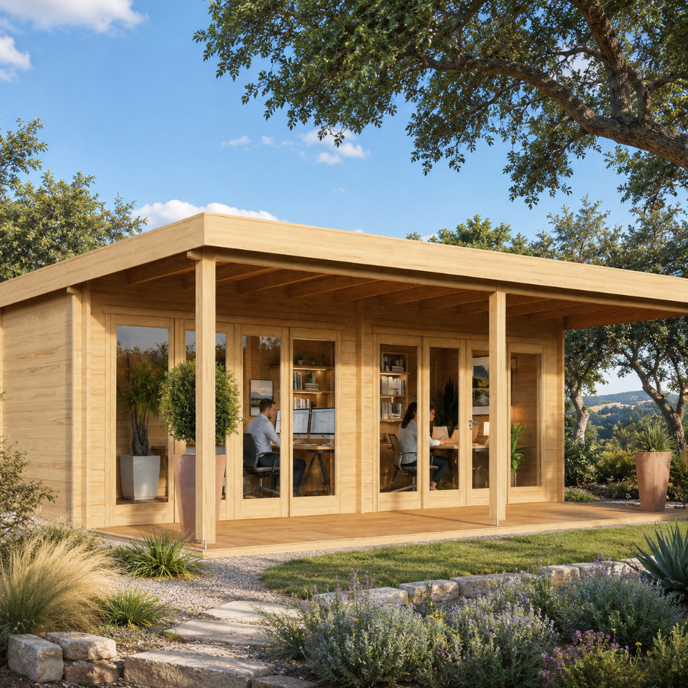 Rectangular light wood studio with glass doors and a flat roof overhang, set in a garden with two people working inside.