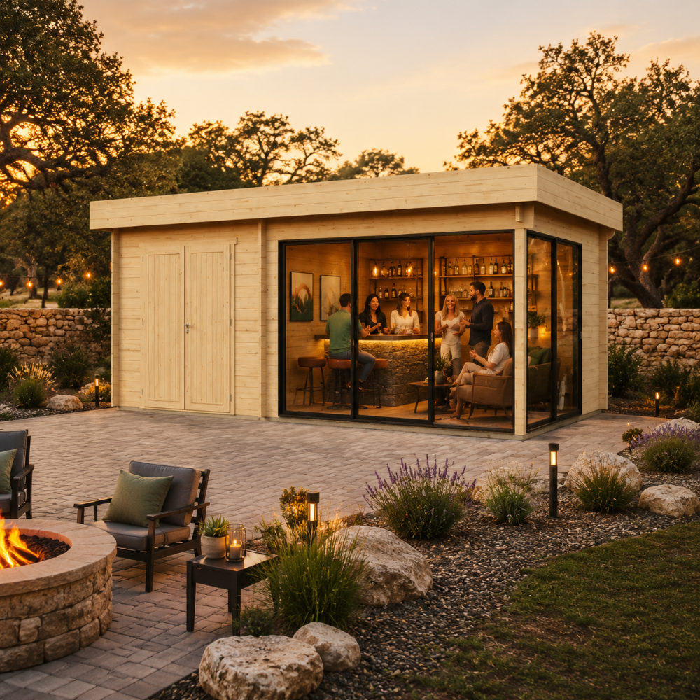 Rectangular wood cabin with glass walls and a bar inside, situated on a stone patio next to a fire pit at sunset.
