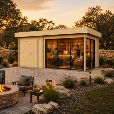 Rectangular wood cabin with glass walls and a bar inside, situated on a stone patio next to a fire pit at sunset.
