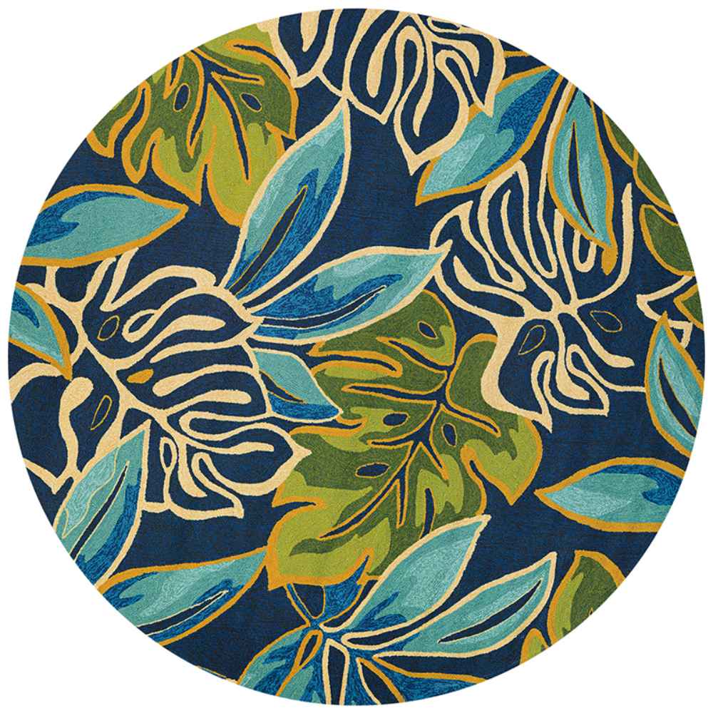 7'10" Round Couristan Covington Indoor/Outdoor Rug - Areca Palms/Brown-Forest Green features bold tropical leaves in shades of blue, green, and yellow on a rich azure background