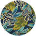 7'10" Round Couristan Covington Indoor/Outdoor Rug - Areca Palms/Brown-Forest Green features bold tropical leaves in shades of blue, green, and yellow on a rich azure background