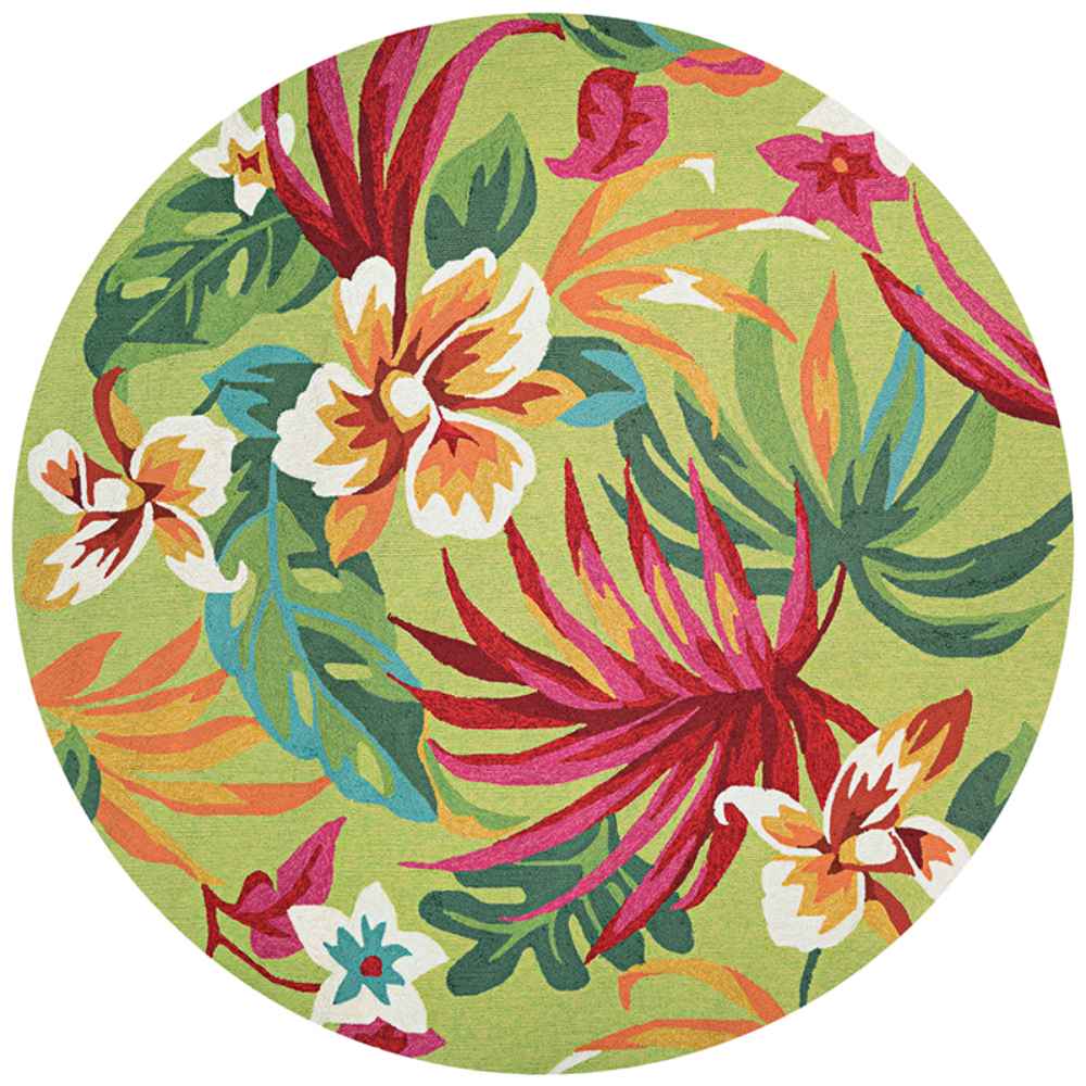 7'10" Round Couristan Covington Indoor/Outdoor Rug - Painted Fern/Fern-Red features the same tropical print in a circular layout for a softer look