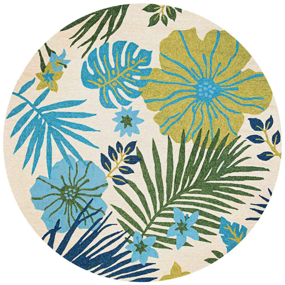 7'10" Round Couristan Covington Indoor/Outdoor Rug - Summer Laelia/Ivory-Fern displays the same vibrant tropical pattern in a circular layout