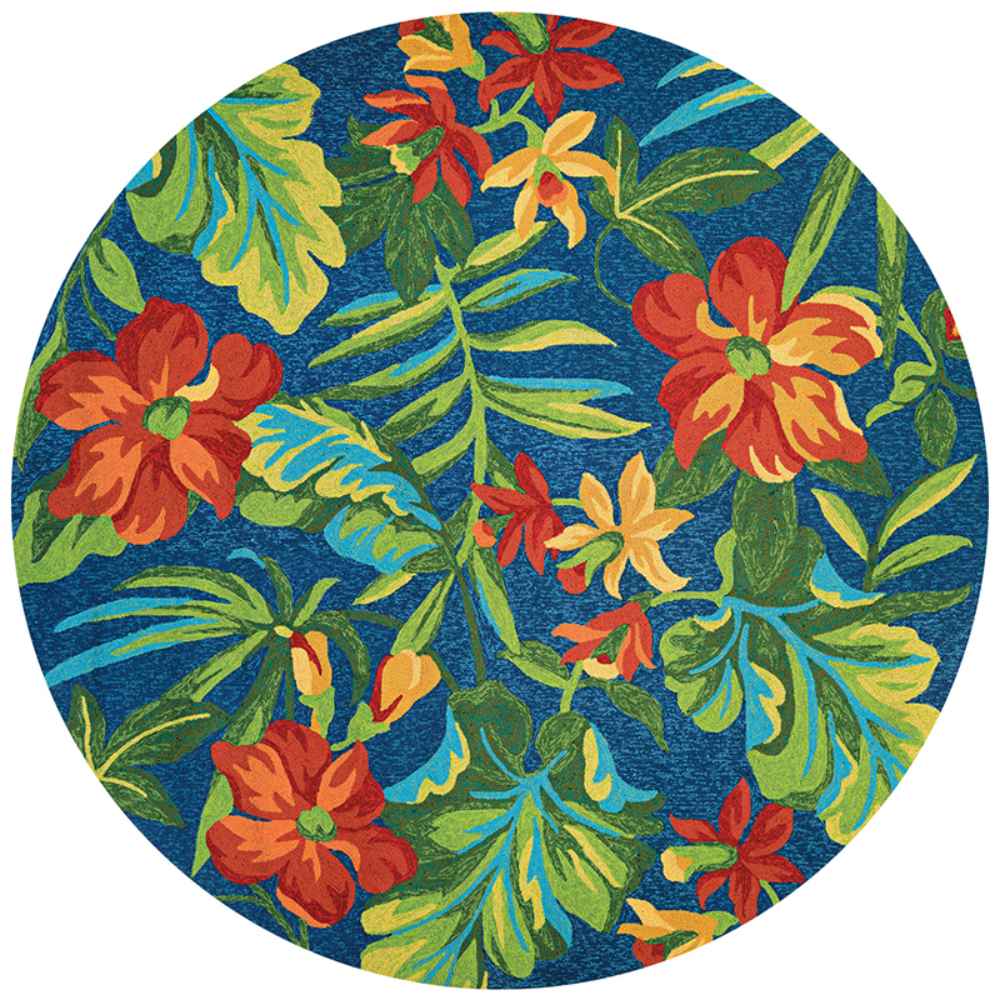 7'10" Round Couristan Covington Indoor/Outdoor Rug - Tropical Orchid/Azure-Forest Green-Red displays a vivid floral pattern with large red and yellow flowers on a deep azure background