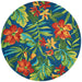 7'10" Round Couristan Covington Indoor/Outdoor Rug - Tropical Orchid/Azure-Forest Green-Red displays a vivid floral pattern with large red and yellow flowers on a deep azure background