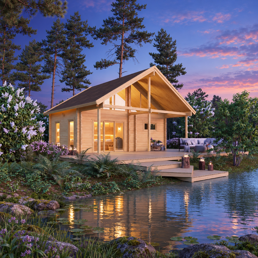 Large wood Sauna Marit 90 cabin with a gabled roof and deck situated by a lake at sunset.