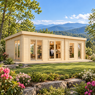 Henning 70 professional home office surrounded by rhododendrons, hardwood trees, and layered Blue Ridge Mountains near Asheville, North Carolina.