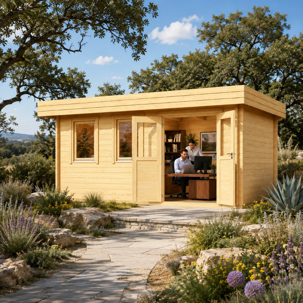 Rectangular light wood studio with double doors open to an office interior, set in a garden with a stone path.