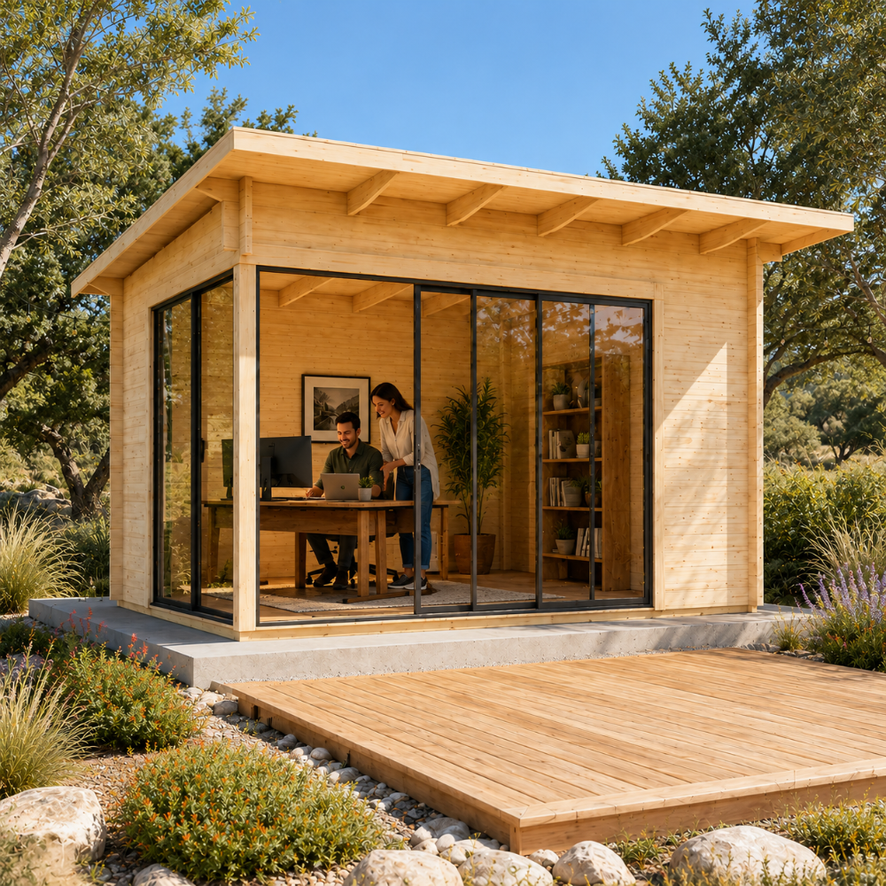 Rectangular wood studio with glass sliding doors and two people working inside a furnished office space.