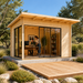 Rectangular wood studio with glass sliding doors and two people working inside a furnished office space.