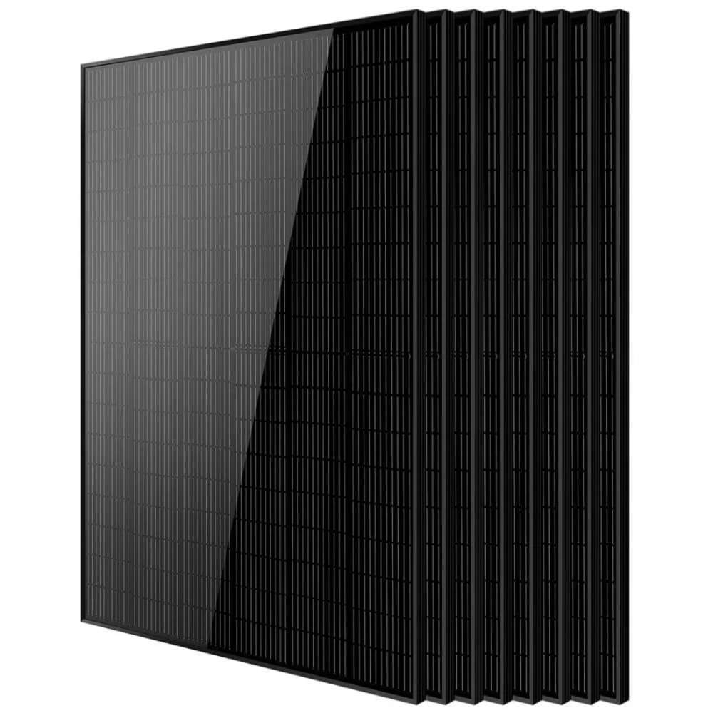 8 Sun Gold Power 415W Mono Black PERC Solar Panel units shown with matching black panels stacked neatly