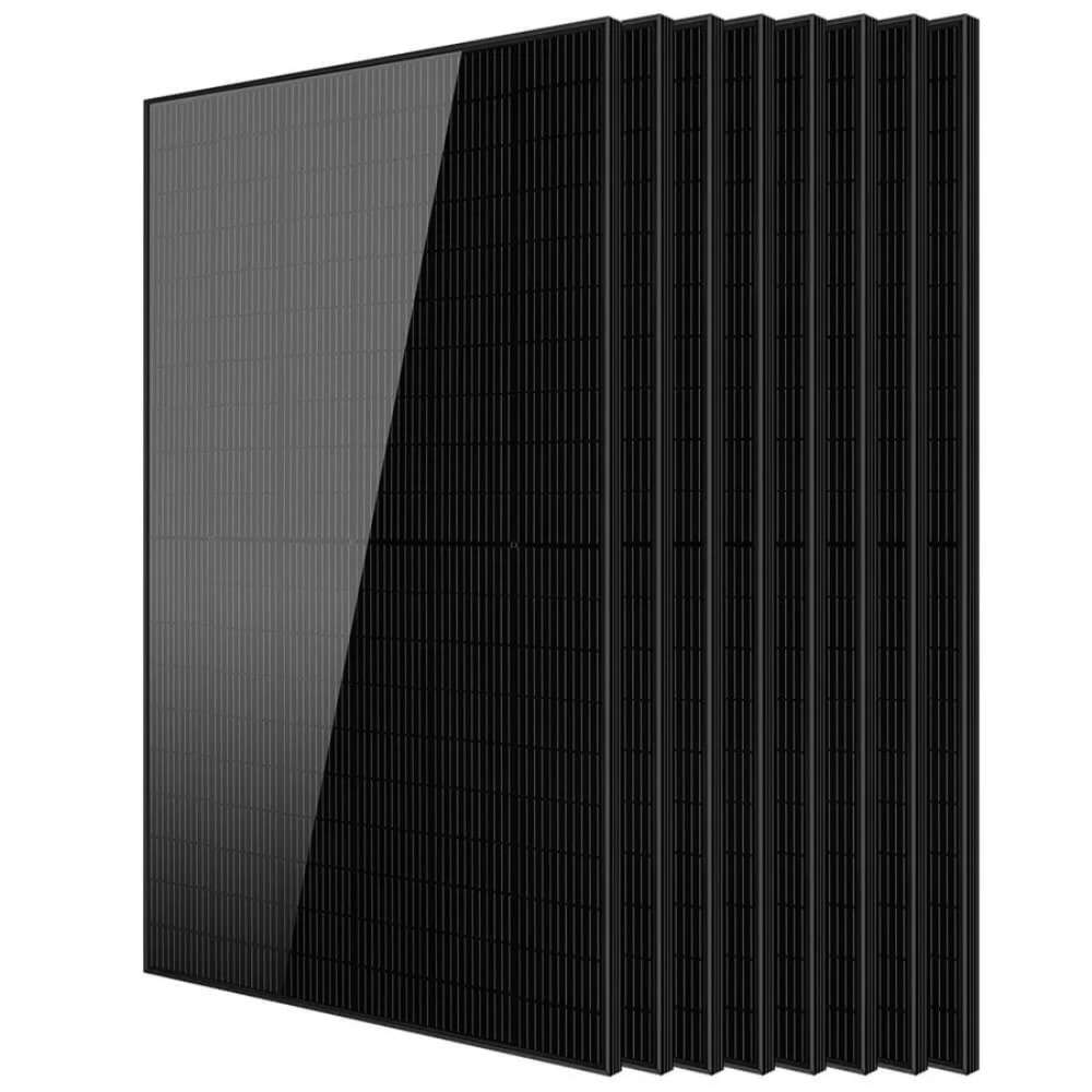 8 Sun Gold Power 440W Mono Black N-Type Solar Panel units are shown standing upright in a staggered row on a white background