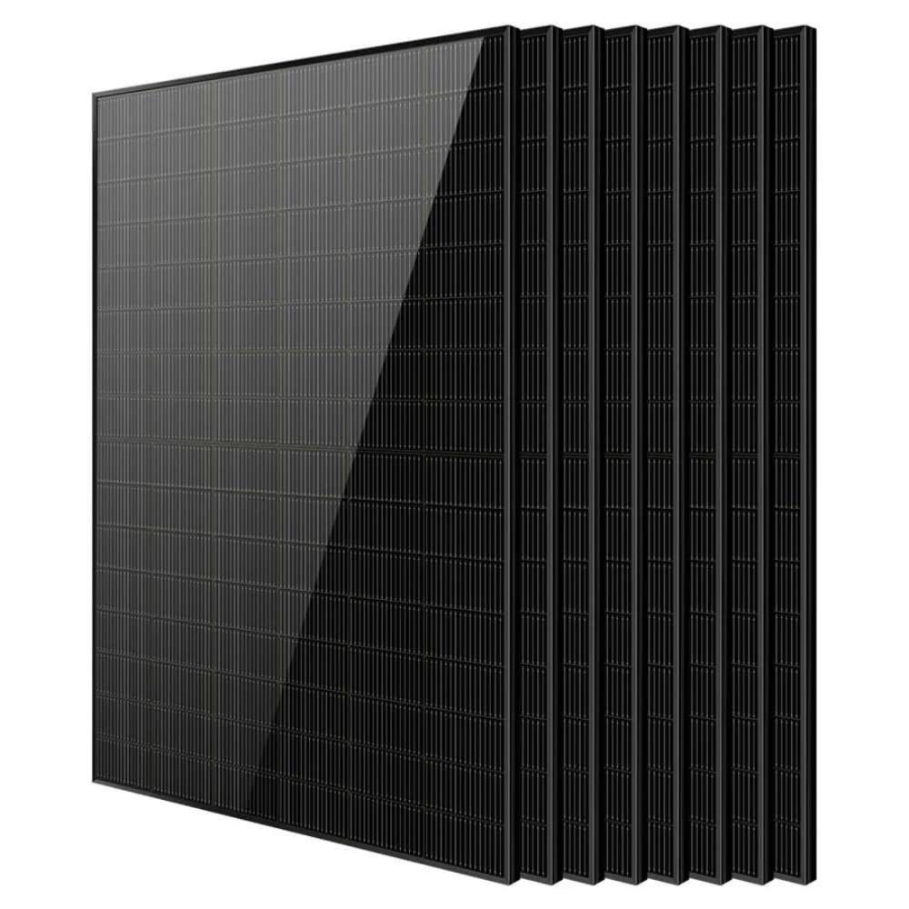 8 Sun Gold Power 450W Bifacial N-Type Monocrystalline Solar Panels shown stacked together with a clean black finish
