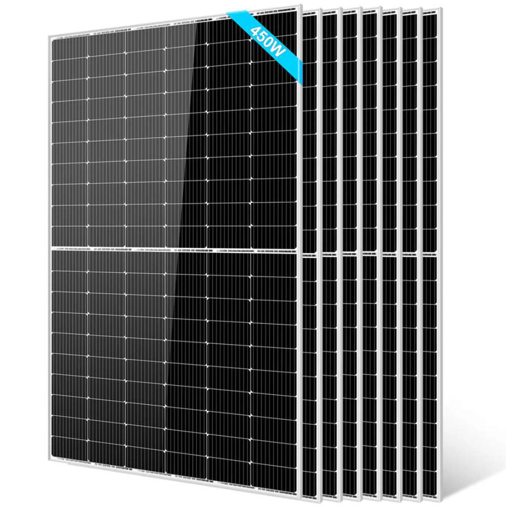 8 Sun Gold Power 450W Monocrystalline PERC Solar Panels shown as an eight-panel bundle with a single front panel and seven panels layered behind