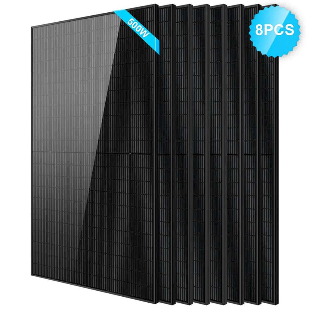8 Sun Gold Power 500W Mono Black PERC Solar Panel package with one front-facing panel and seven behind it