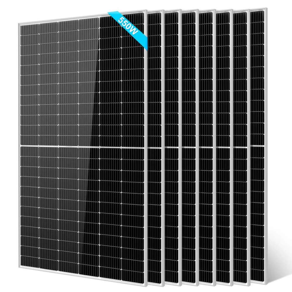 8 Sun Gold Power 550W Monocrystalline PERC Solar Panel units stand in a layered row with matching black cells and silver frames
