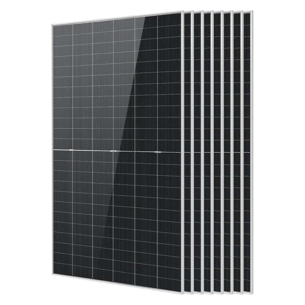 8 Sun Gold Power 590W Bifacial N-Type Monocrystalline Solar Panels displayed with one front panel and seven stacked behind on a white background