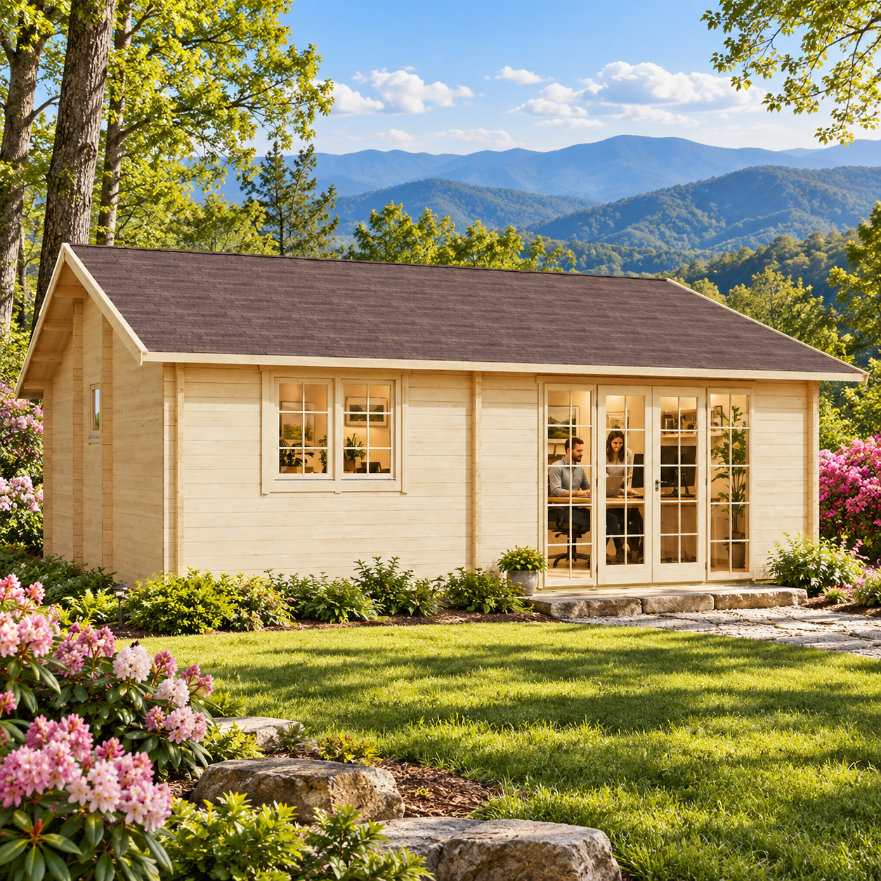 Light wood cabin with a brown gabled roof, glass doors, and windows set in a grassy yard with mountain views.