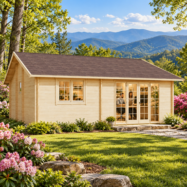Light wood cabin with a brown gabled roof, glass doors, and windows set in a grassy yard with mountain views.
