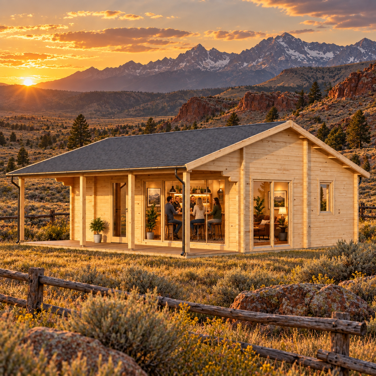 A light wood multi-room cabin with a gabled roof and porch, set against a mountain sunset.