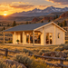A light wood multi-room cabin with a gabled roof and porch, set against a mountain sunset.