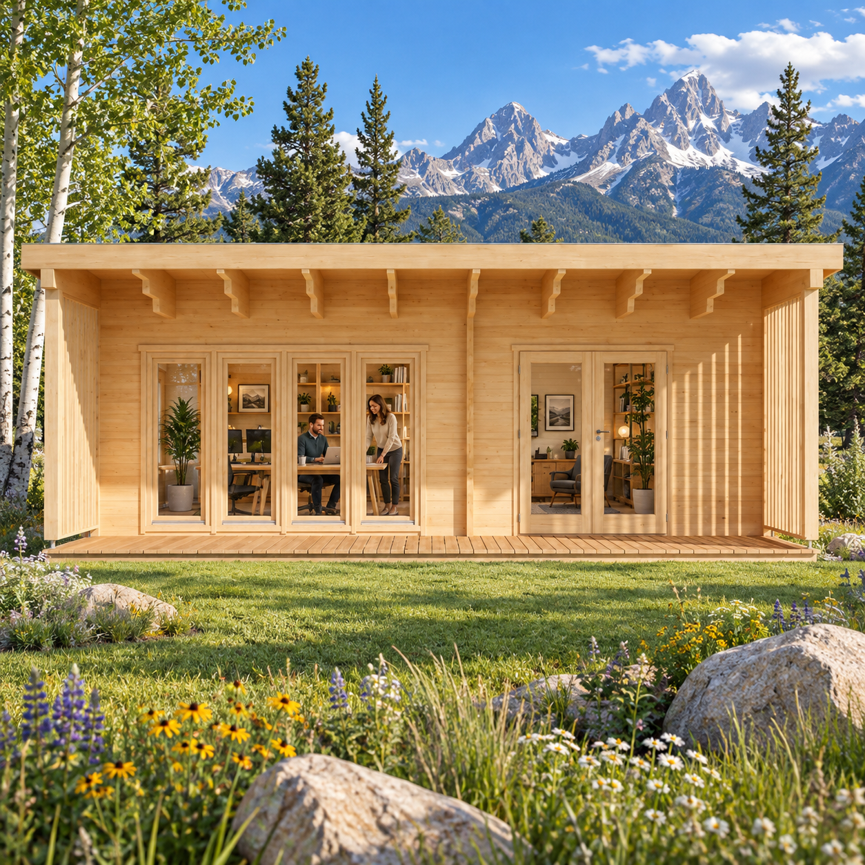 Rectangular light wood cabin with glass doors on a grassy lawn with mountains and trees in the background.