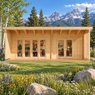 Rectangular light wood cabin with glass doors on a grassy lawn with mountains and trees in the background.