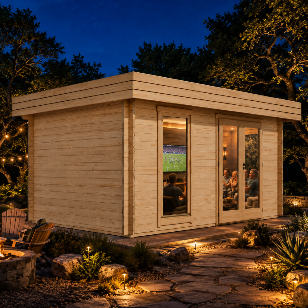 Rectangular light wood Miriam 44a Modern studio with glass doors and windows illuminated at night in a backyard.