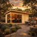 Rectangular wood studio with glass sliding doors and a flat roof, set in a garden with people at dusk.
