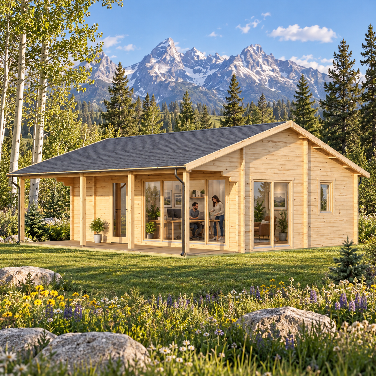 One-story light wood cabin with a gabled roof and glass doors, set in a meadow with mountains in the background.