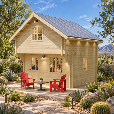 Compact pale-timber Freedom Room with a gray gabled metal roof, set in a landscaped Nevada backyard on a sunny afternoon. Two adults work inside the home office, surrounded by desert plants, rocks, mountain views, and red patio chairs.