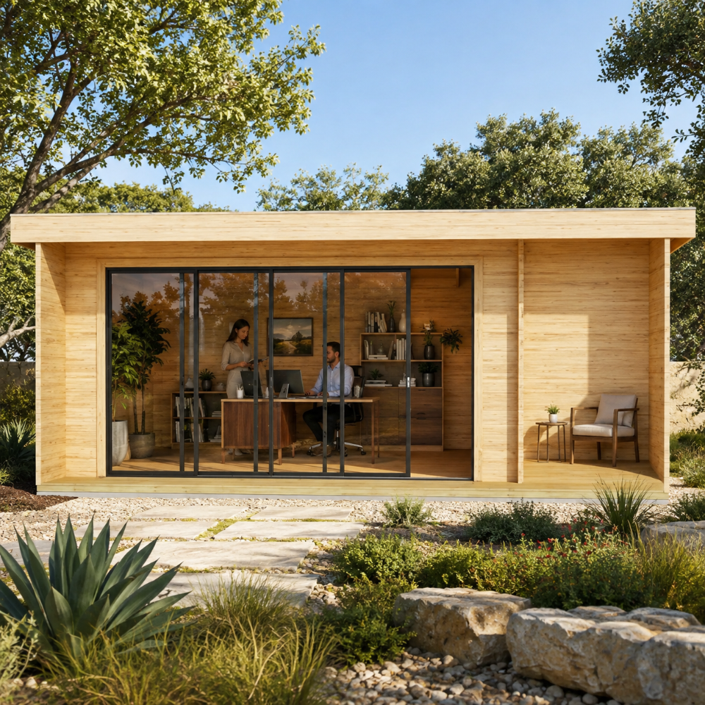 Rectangular light wood studio with glass sliding doors, an outdoor porch, and two people working inside an office.