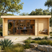 Rectangular light wood studio with glass sliding doors, an outdoor porch, and two people working inside an office.