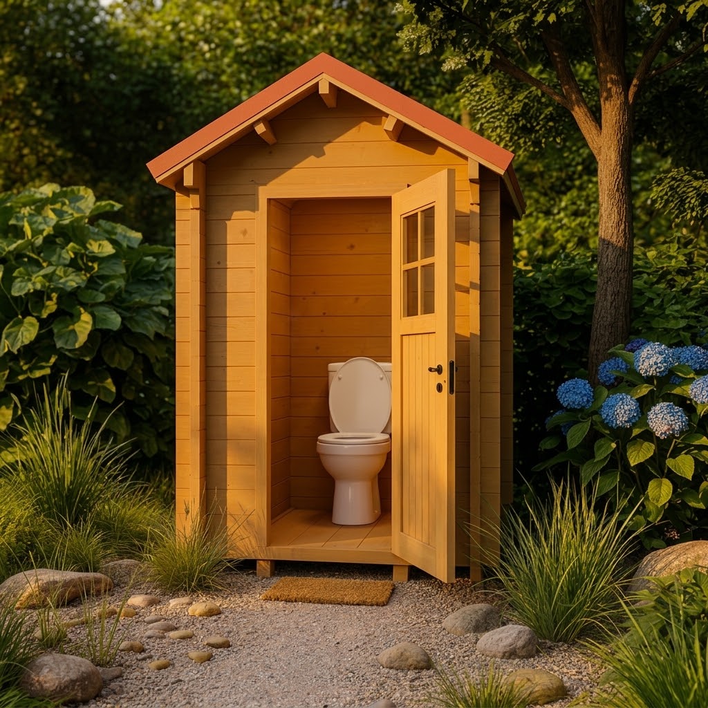 Small wood outhouse with a red gabled roof and open door revealing a white toilet, set in a garden with blue flowers.