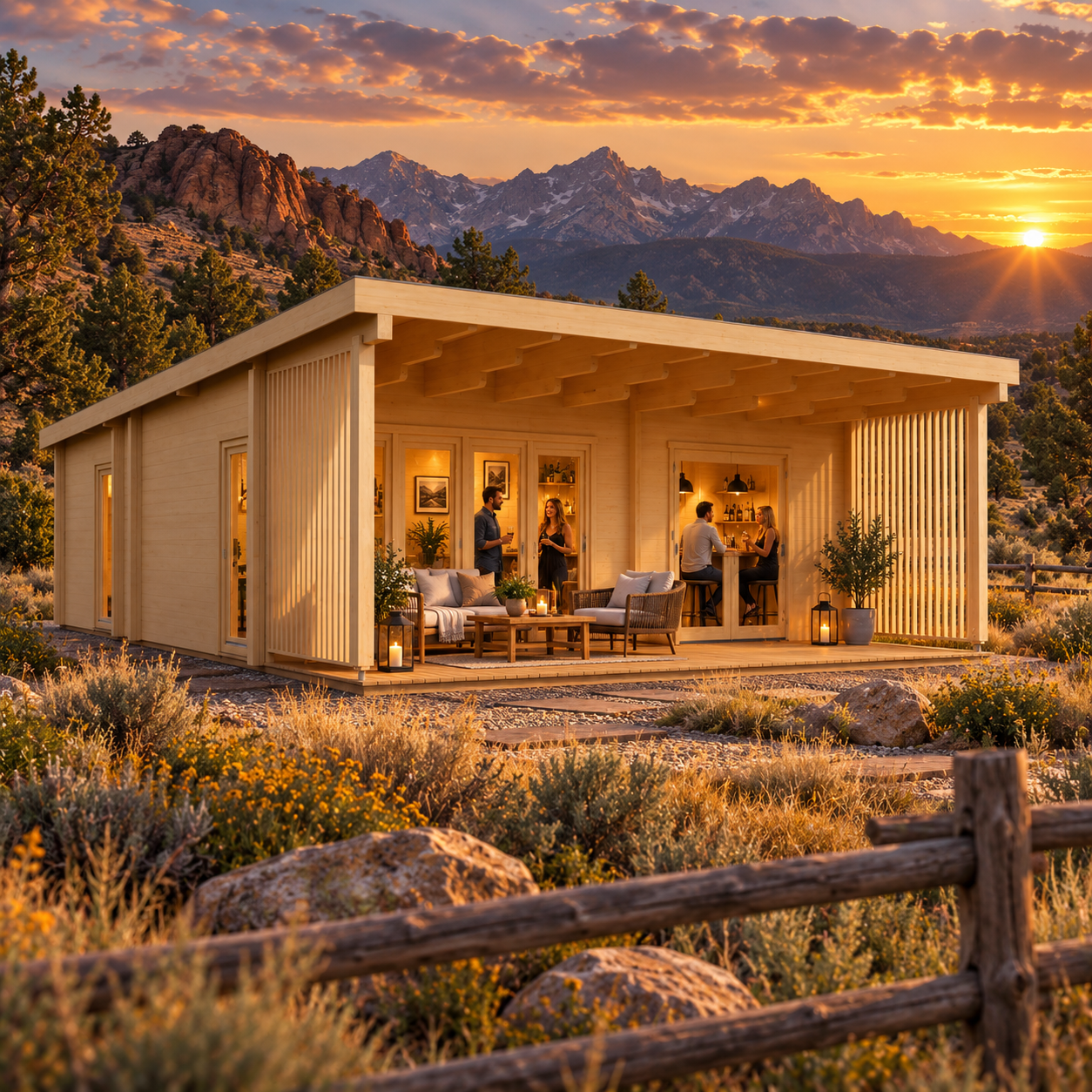 One light wood cabin with a covered porch and outdoor seating, set against a mountain landscape at sunset.