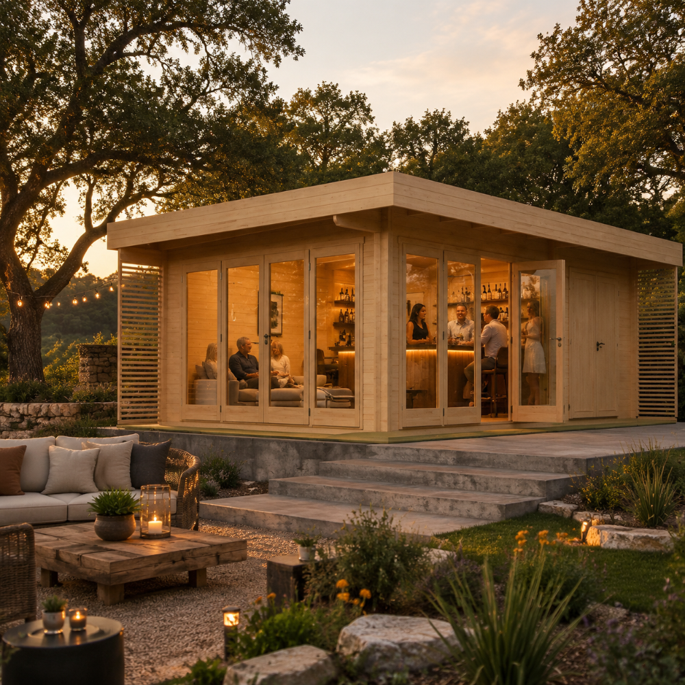 Rectangular wood Konrad 44 cabin with glass doors and windows, illuminated at dusk with people inside and a patio lounge.