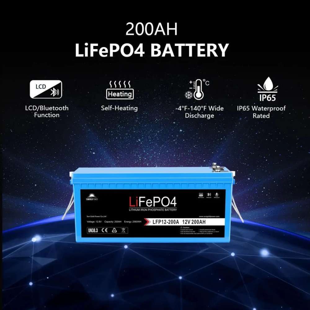A 200Ah self-heating LiFePO4 battery with Bluetooth for Sun Gold Power 6000W 48VDC 120V/240V LiFePO4 10.24KWH Lithium Battery Off-Grid Solar Kit