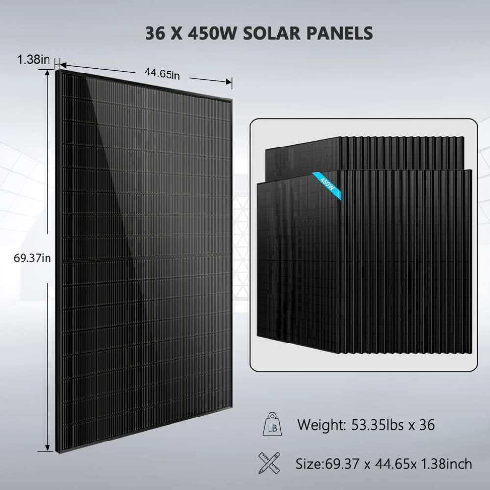 A 450W bifacial solar panel from Sun Gold Power 11400W 48V Split Phase 51.2 KWH Lithium Battery Hybrid Solar Kit with panel dimensions shown