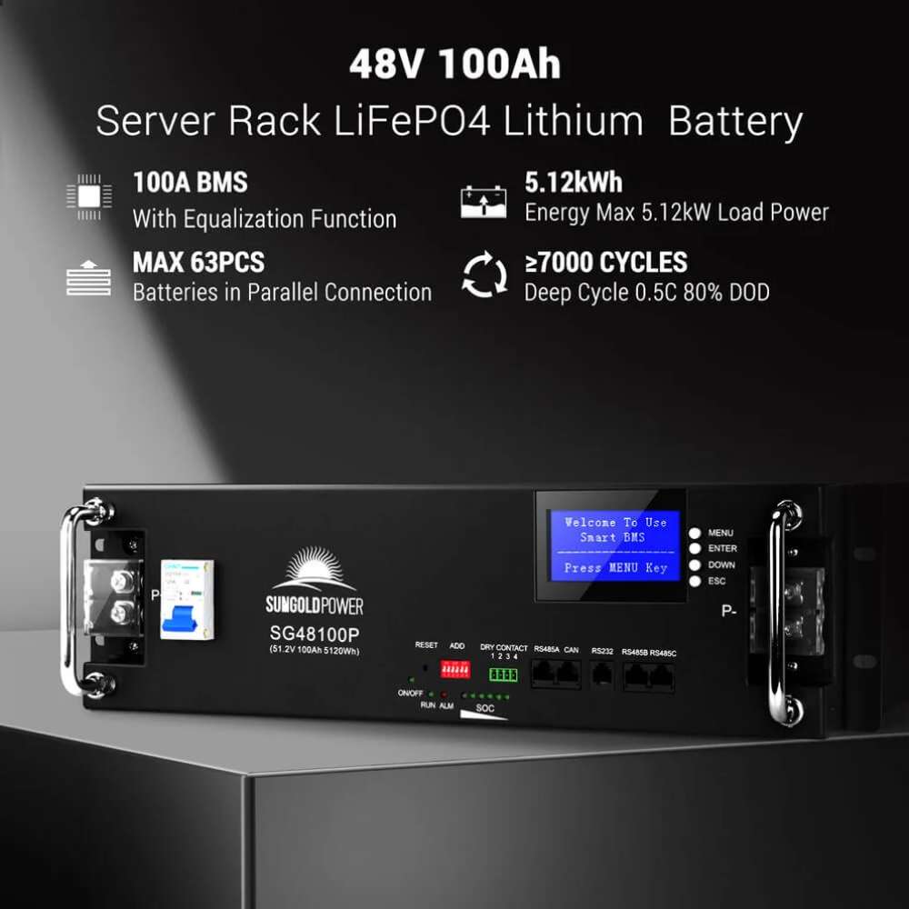 A 48V 100Ah LiFePO4 rack battery from Sun Gold Power 11400W 48V Split Phase 30.72KWH Lithium Battery Hybrid Solar Kit with key specifications displayed