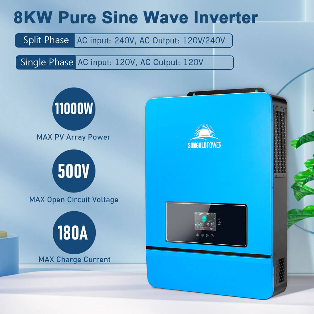 A black 8000W 48V split-phase pure sine wave inverter charger from the Sun Gold Power Complete 8000W 48V 120V/240V 10.24KWH Lithium Battery 5400W Solar Panel Off-Grid Solar Kit