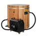 A black chiller with a large front fan sits in front of Golden Designs Dynamic Cold Therapy PVC Barrel Cold Plunge, with black hoses looping to valves on both sides