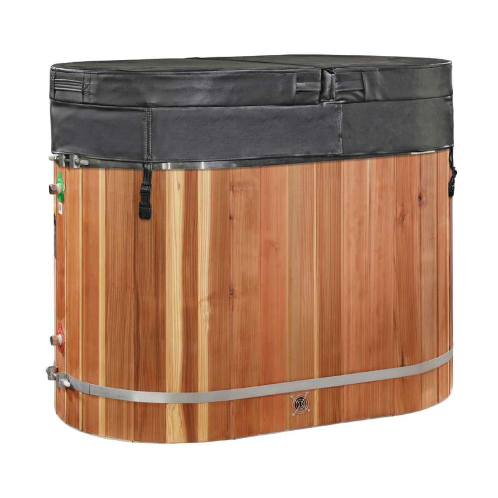 A black insulated cover with buckled straps closes the top of Golden Designs Dynamic Cold Therapy Oval Barrel Pacific Cedar Cold Plunge above its cedar sides