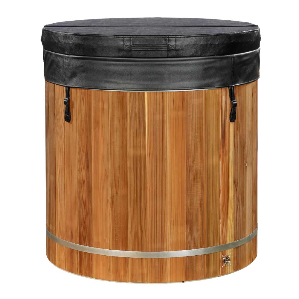A black insulated cover with side latches sits on top of Golden Designs Dynamic Cold Therapy Barrel 304 Stainless Steel Cold Plunge and its cedar barrel sides