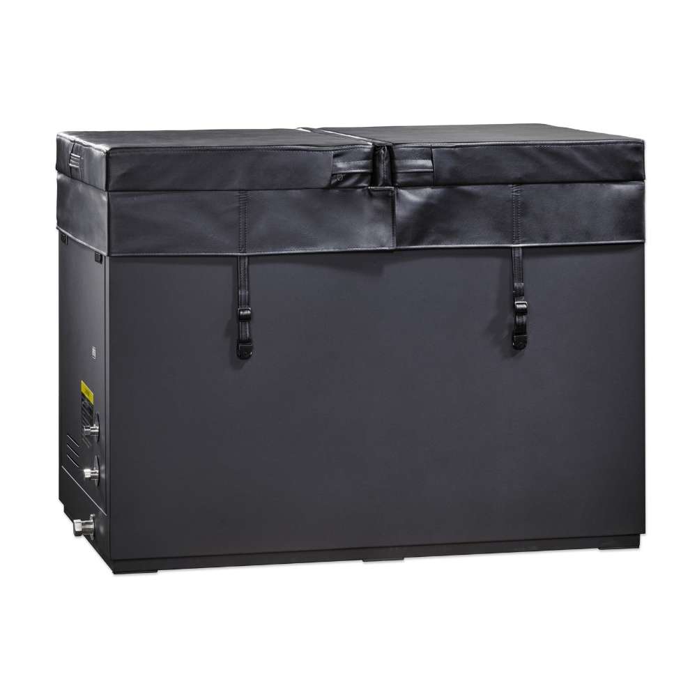 A black insulated cover with two buckled straps closes Golden Designs Dynamic Cold Therapy Cuboid 304 Nano-Coated Stainless Steel Cold Plunge Tub