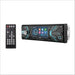 A black media player with a color screen and blue accent lighting sits beside its handheld remote, part of Golden Designs Monaco Near Zero EMF Far IR Sauna