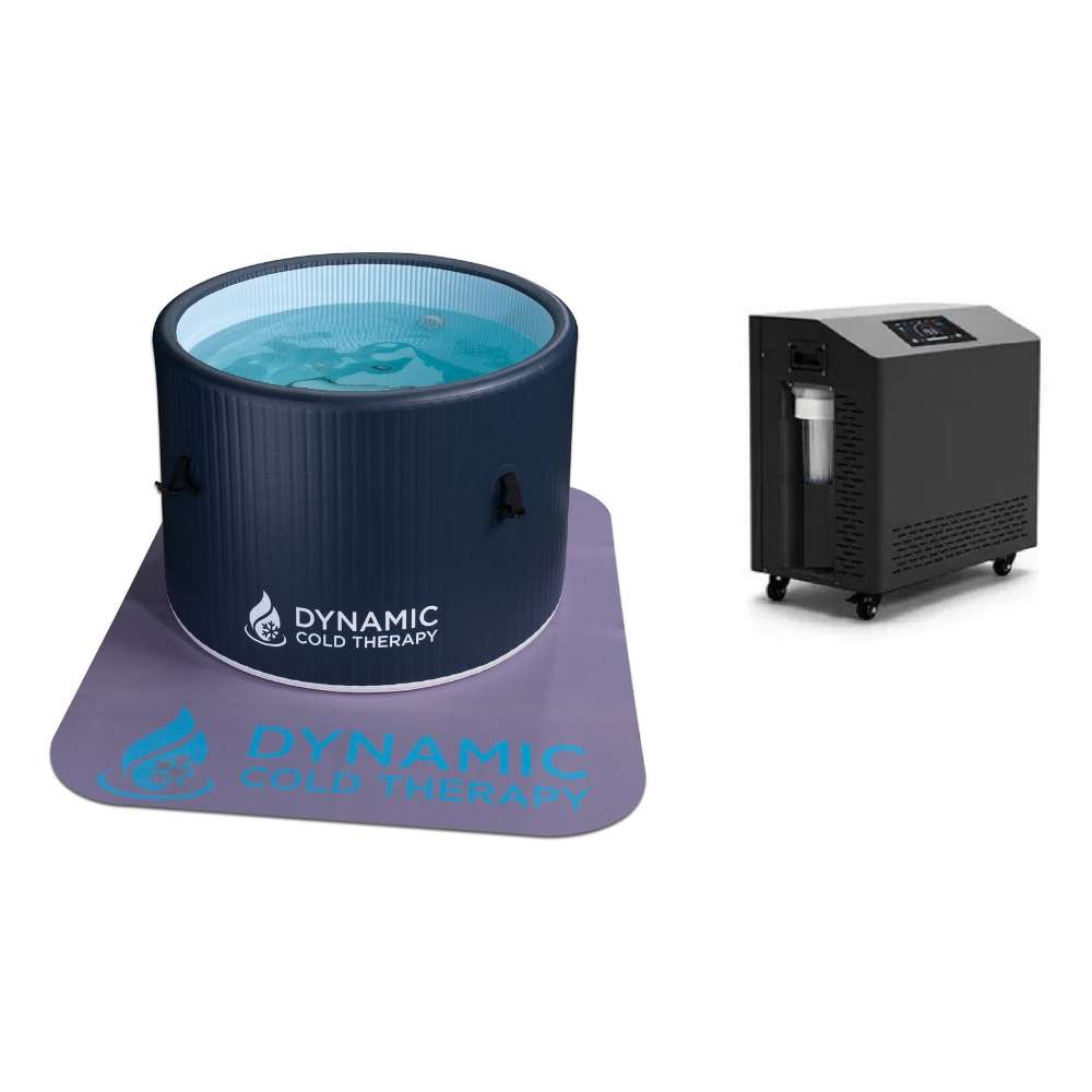 A black portable chiller sits beside Golden Designs Dynamic Cold Therapy Inflatable Round Cold Plunge, shown filled with water on its branded lavender floor mat