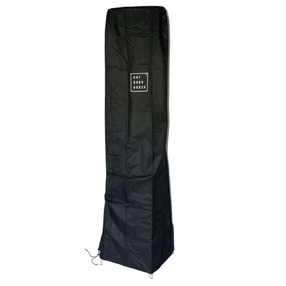 A black protective cover with a small square logo is pulled over Outdoor Order PrismQuad Tower Heater