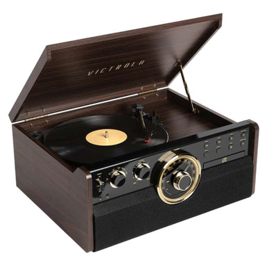 A black vinyl record rests on the open Victrola Empire Bluetooth Record Player