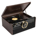 A black vinyl record rests on the open Victrola Empire Bluetooth Record Player