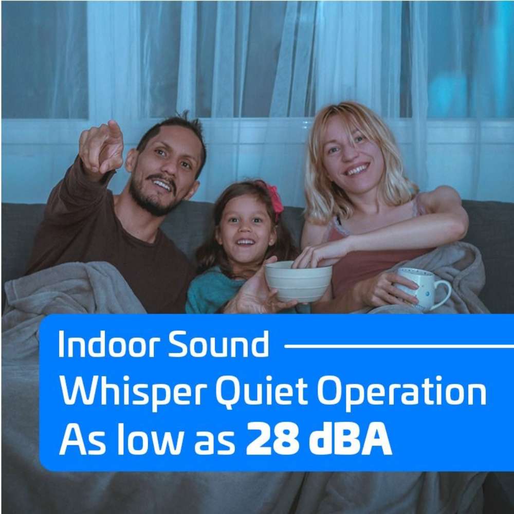 A family watches TV on a couch in this whisper quiet operation graphic for ACiQ 12000 BTU Essentials 20 SEER2 Single Zone Wall Mount Mini Split Heat Pump System, rated as low as 28 dBA indoors